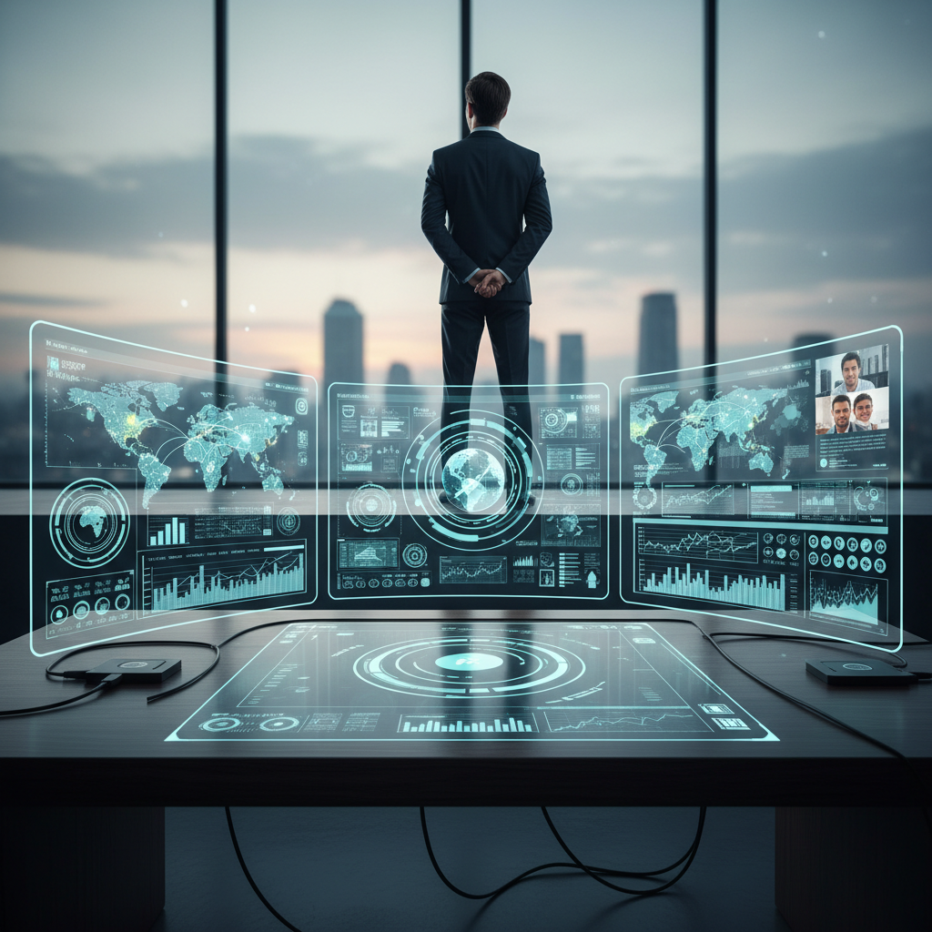 Ein neues Bild mit dem Thema IT-Projektmanagement und Collaboration: Im Vordergrund moderne Technologie, Bildschirme, digitale Tools und weltweite Vernetzung als Symbol für internationale Zusammenarbeit. Im Hintergrund steht eine Person mit dem Rücken zum Betrachter – als internationale/r Projektleiter/in – das Gesicht ist nicht sichtbar, die Figur übersieht die Arbeit und symbolisiert das Management von IT-Projekten auf globaler Ebene.