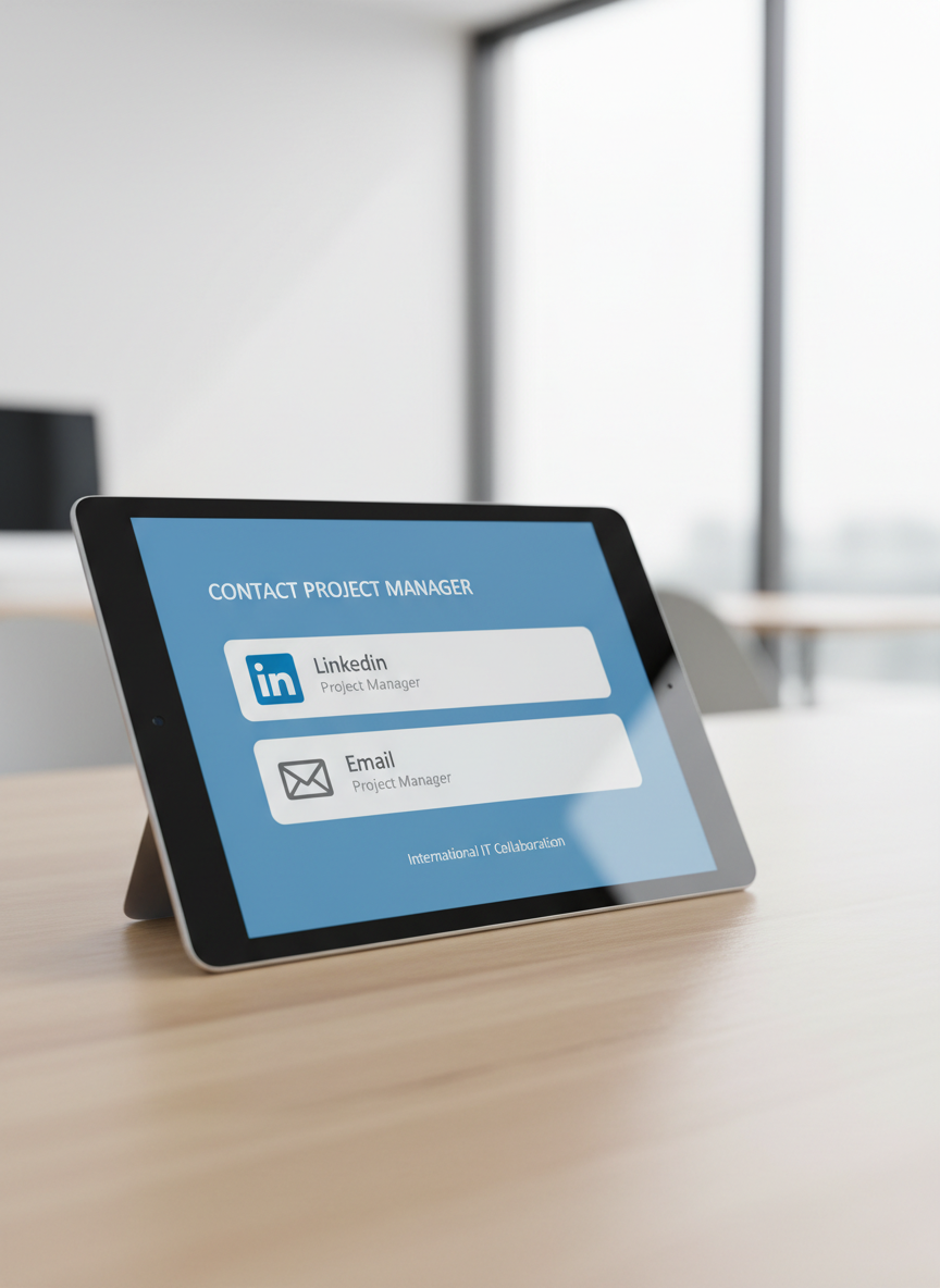 A clean, modern image showing a tablet displaying a contact interface. The screen shows options to contact a project manager via LinkedIn and email (with no personal names, just generic 'LinkedIn' and 'Project manager' as labels). The design is minimal, professional, and focuses on international IT collaboration. No personal identifiers or photos. Emphasize smart, simple interface for reaching out to a project manager.