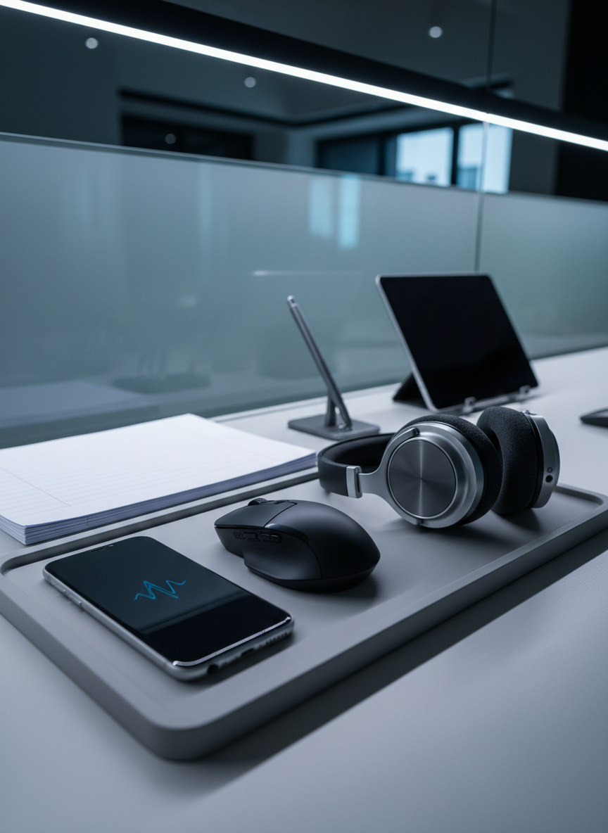 An array of high-tech business accessories, including a matte-finish wireless mouse, a slim metallic smartphone, and a pair of noise-canceling headphones with a soft-touch surface, elegantly arranged on a smooth, light-grey desk organizer tray. The environment highlights a spacious workspace with neatly stacked documents and a subtle hint of a glass partition in the background. Cool, directional LED lighting from overhead gives a precise, modern edge, with subtle highlights tracing the hardware and gentle shadow play on the surfaces. The mood is focused and purposeful, with a clean, minimalist photographic aesthetic that fits a tech-forward consulting professional.
