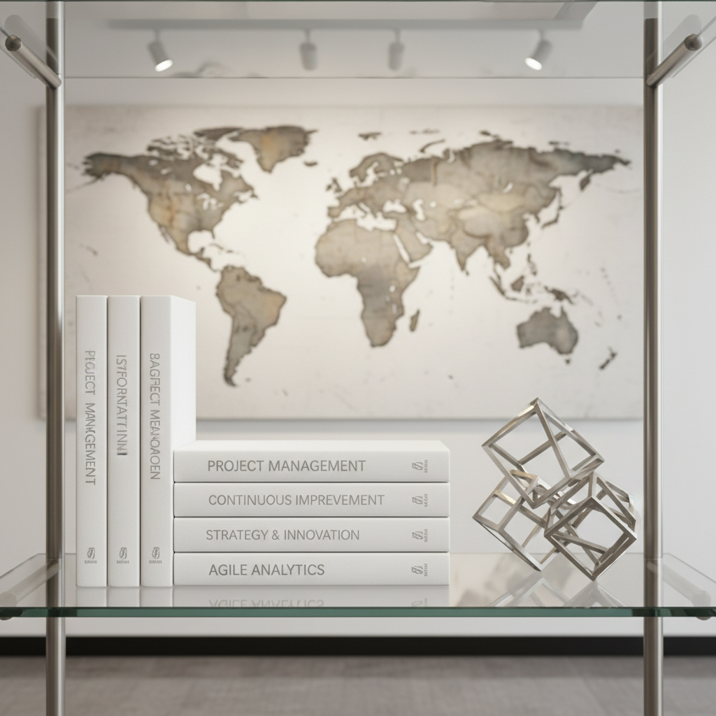 A collection of pristine white, hardbound books with embossed titles such as 'Project Management,' 'Information Systems,' and 'Continuous Improvement' are neatly stacked beside a silver geometric desk sculpture on a glass shelving unit. The background features a wall-mounted, abstract world map in muted greys and beige tones, evoking global business perspective. Soft, even gallery lighting illuminates the scene, enhancing every detail without harshness. The mood is intellectual and inspiring, with a structured, corporate layout that encourages growth and transformation. Captured with sharp focus throughout and a balanced, symmetrical composition that supports the discipline underlying IT management.
