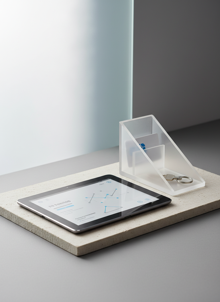 A close-up of a dark graphite tablet with a clean user interface mockup on its screen, set on a pale, textured stone surface. Next to it, a semi-transparent acrylic organizer holds a single keycard and a streamlined metal keyring. Frosted glass casts a subtle dappled pattern on the background. The lighting is bright but soft, coming from the top left corner, creating subtle gradients and a calm, neutral atmosphere. The composition uses negative space to highlight the devices, shot from a slightly elevated angle. The image conveys precision and innovation, capturing a photographic, corporate mood suited for an IT service manager’s personal page.